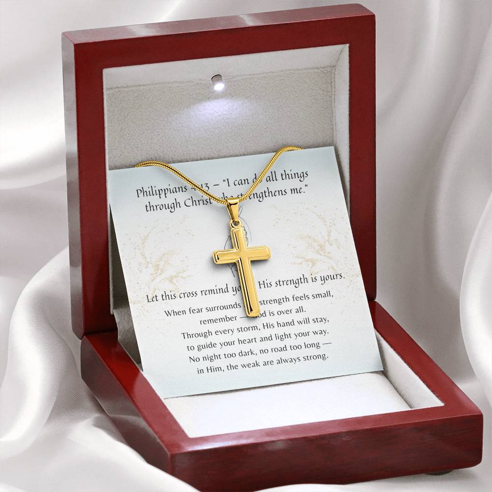 Artisan Cross Necklace for Her – A Meaningful Christian Gift for Her | Philippians 4:13 | Gold cross pendant in wooden gift box with scripture card