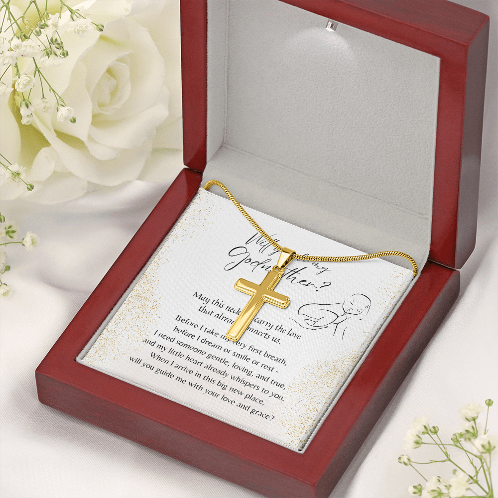 Artisan Cross Necklace for Godmother – A Meaningful Christian Godmother Proposal Gift | Gold finish displayed in gift box with poem card