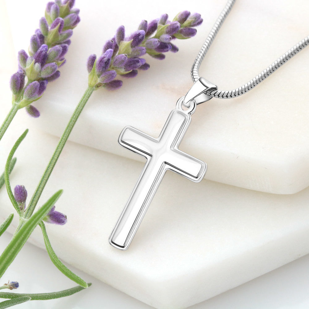 Personalized Cross Necklace for Godmother – A Meaningful Thank You Gift for Godmother | silver cross pendant with lavender detail on marble background