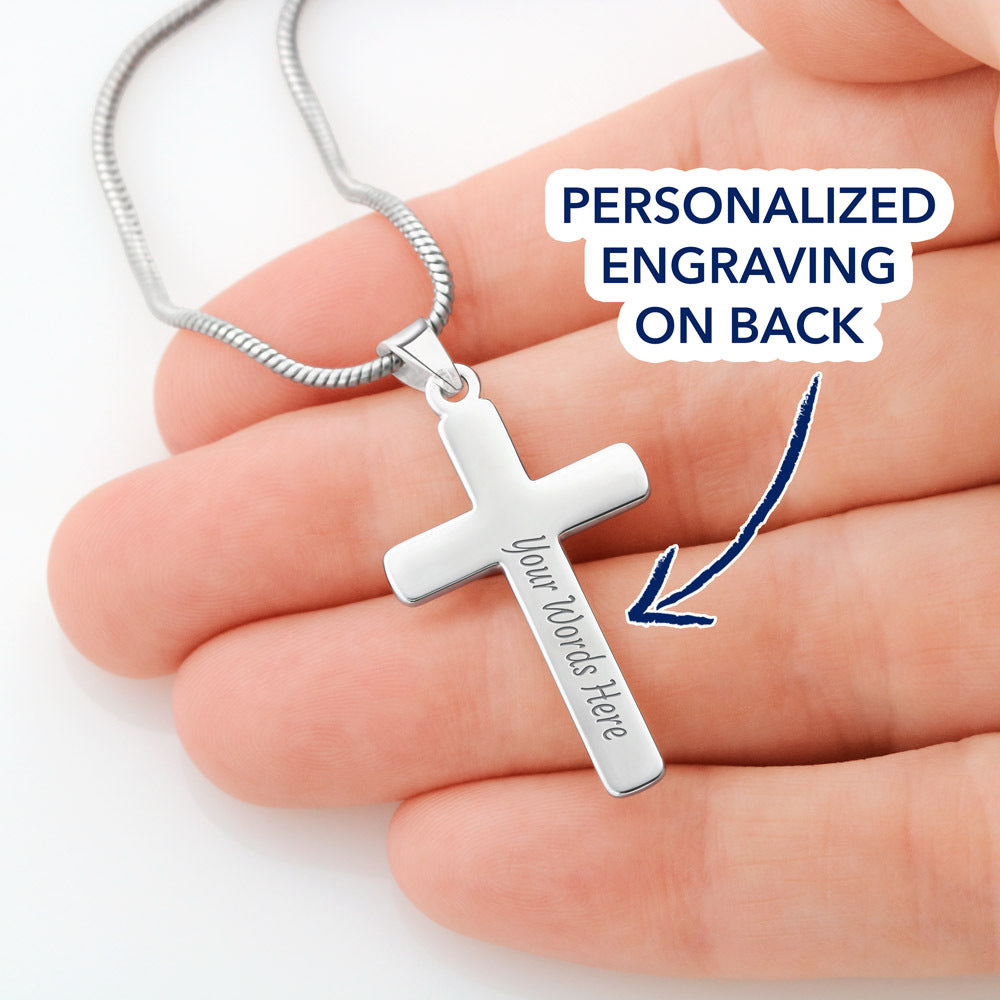 Personalized Cross Necklace for Her – A Meaningful Christian Gift for Her | Philippians 4:13 | Stainless Steel or 18k Gold held in hand showing engraving option