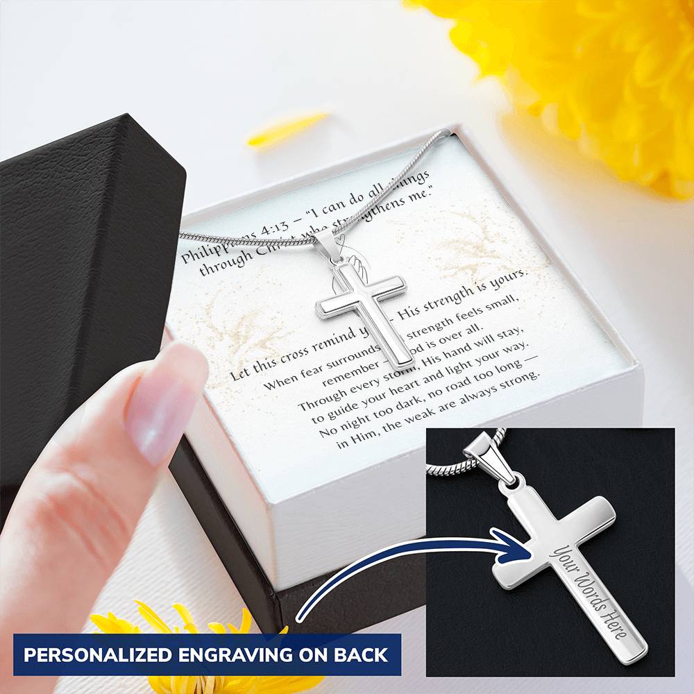 Personalized Cross Necklace for Her – A Meaningful Christian Gift for Her | Philippians 4:13 | Stainless Steel or 18k Yellow Gold Finish displayed with engraving option