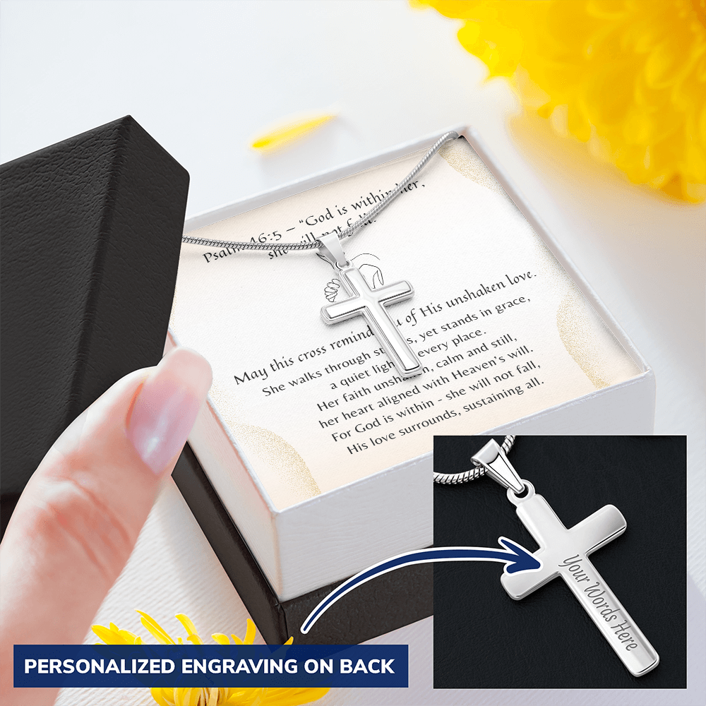 Personalized Cross Necklace for Her – Psalm 46:5 A Meaningful Christian Gift for Women | Stainless Steel or 18k Yellow Gold Finish with engraving detail