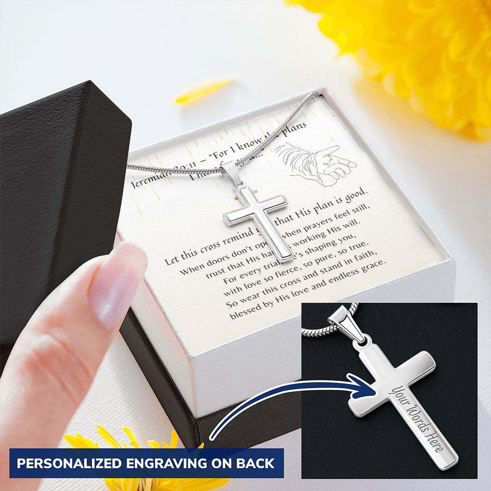 Personalized Christian Cross Necklace for Her – Faith-Inspired Gift with silver cross and custom engraved message on back shown in gift box