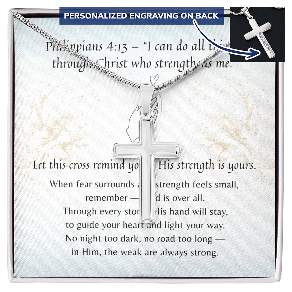 Personalized Cross Necklace for Her – A Meaningful Christian Gift for Her | Philippians 4:13 | Stainless Steel or 18k Yellow Gold Finish displayed with scripture card and engraving option