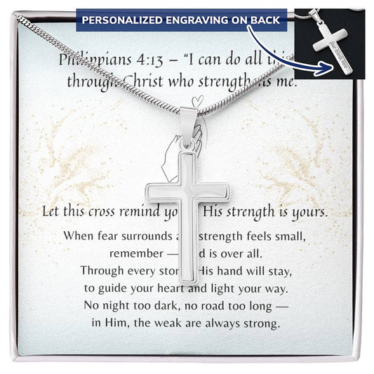Personalized Cross Necklace for Her – A Meaningful Christian Gift for Her | Philippians 4:13 | Stainless Steel or 18k Yellow Gold Finish displayed with scripture card and engraving option