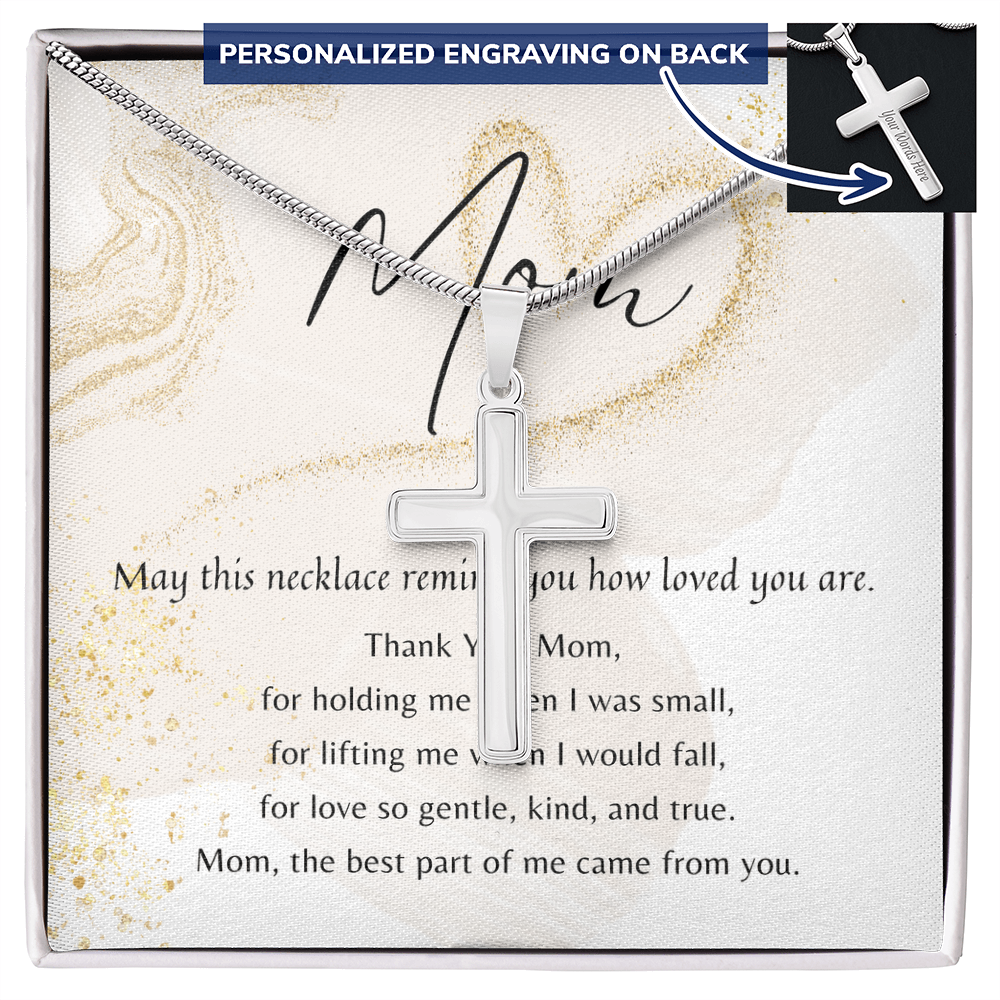 Personalized Cross Necklace for Mom – Stainless Steel or 18k Gold Finish with Engraving | A Meaningful Gift of Love displayed in gift box with engraved message