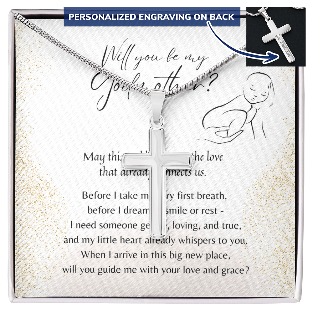 Personalized Cross Necklace for Godmother – A meaningful Christian proposal gift in stainless steel or 18K yellow gold plated finish
