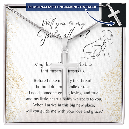 Personalized Cross Necklace for Godmother – A meaningful Christian proposal gift in stainless steel or 18K yellow gold plated finish