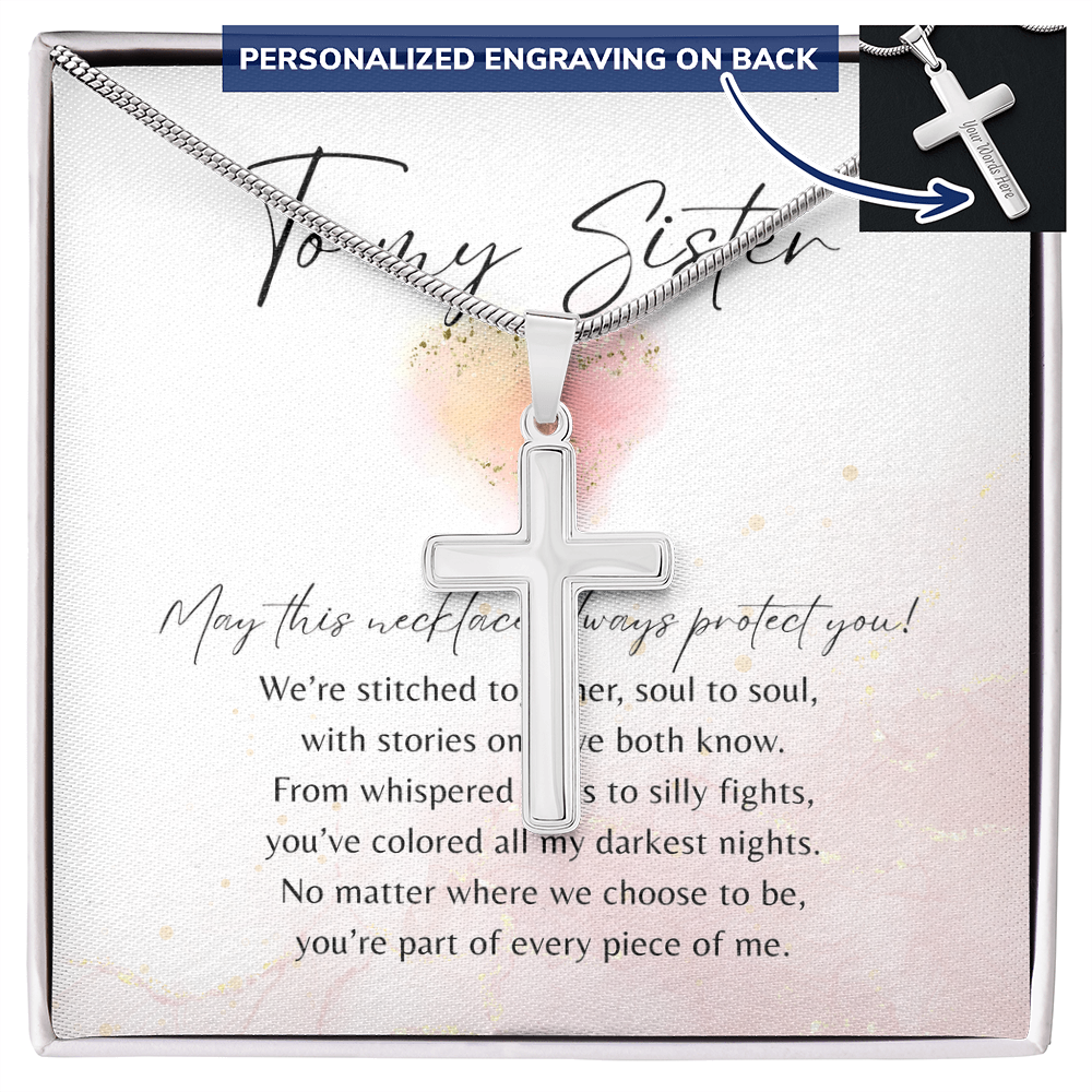 Personalized Cross Necklace for Sister – A Meaningful Gift of Sisterhood | Stainless Steel or 18k Gold Finish with Engraving displayed in gift box with message