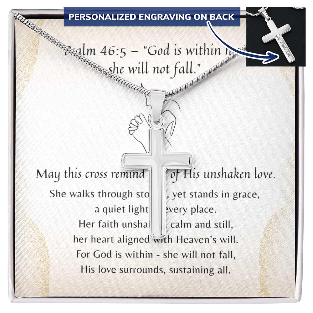 Personalized Cross Necklace for Her – Psalm 46:5 A Meaningful Christian Gift for Women | Stainless Steel or 18k Yellow Gold Finish displayed in gift box with scripture card