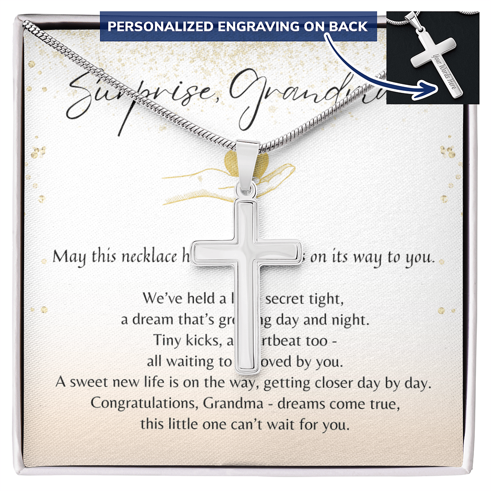 Personalized Cross Necklace for Grandma-to-Be – A Meaningful Christian Pregnancy Announcement Gift for Grandma-to-Be | Stainless Steel or 18K Yellow Gold Plated displayed in gift box with poem and engraving detail
