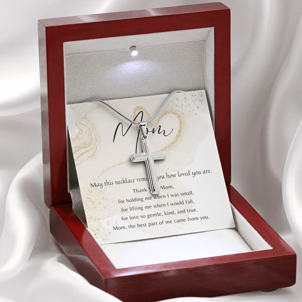Personalized Cross Necklace for Mom – Stainless Steel or 18k Gold Finish with Engraving | A Meaningful Gift of Love in a wooden box