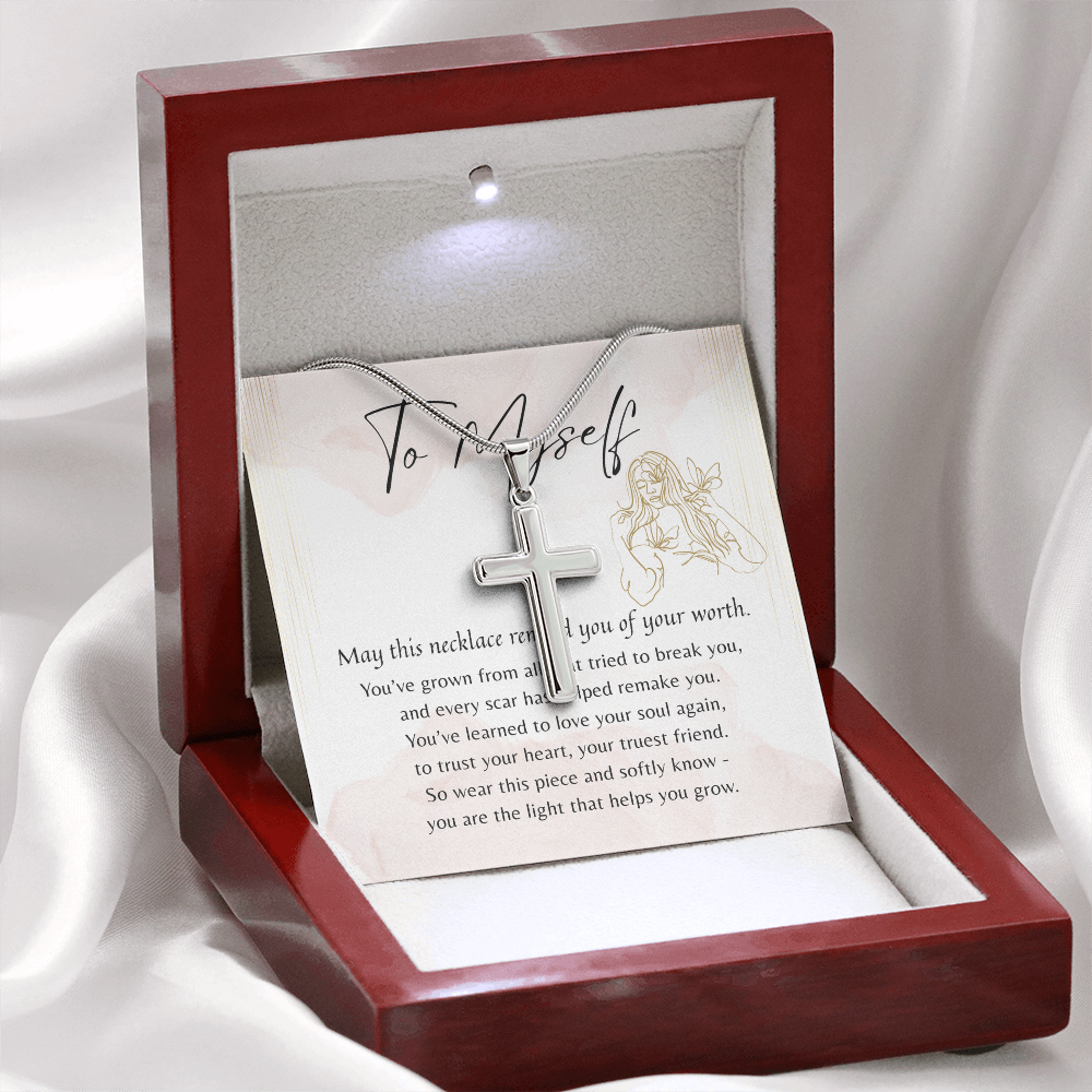 Personalized Cross Necklace for Myself – A Meaningful Gift for Yourself | Stainless Steel or 18k Yellow Gold Plated displayed in a wooden gift box with message card.