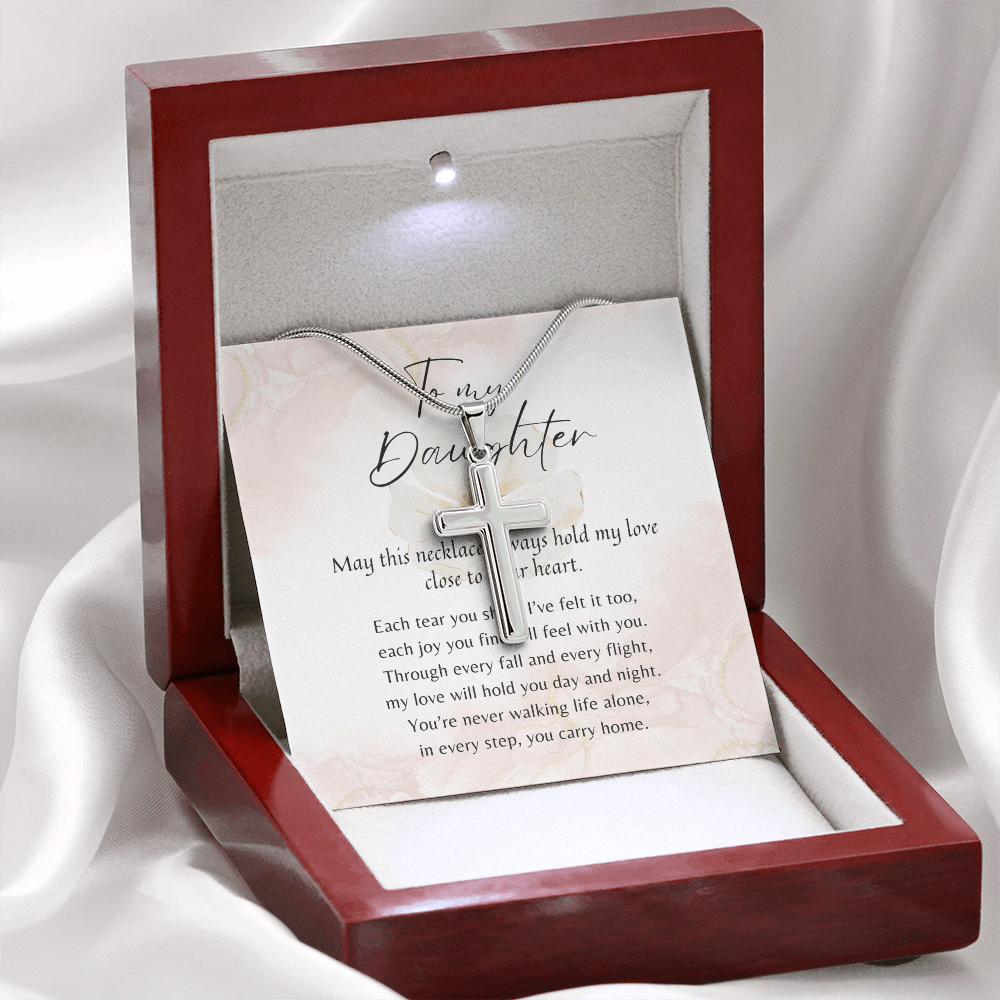 Personalized Cross Necklace for Daughter – A Meaningful Gift from Parent | Stainless Steel or 18k Gold Finish with Engraving in gift box