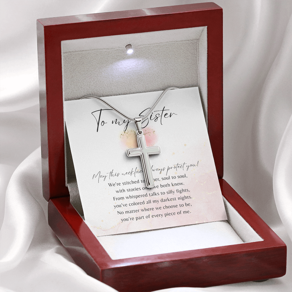 Personalized Cross Necklace for Sister – A Meaningful Gift of Sisterhood | Stainless Steel or 18k Gold Finish with Engraving displayed in elegant wooden box
