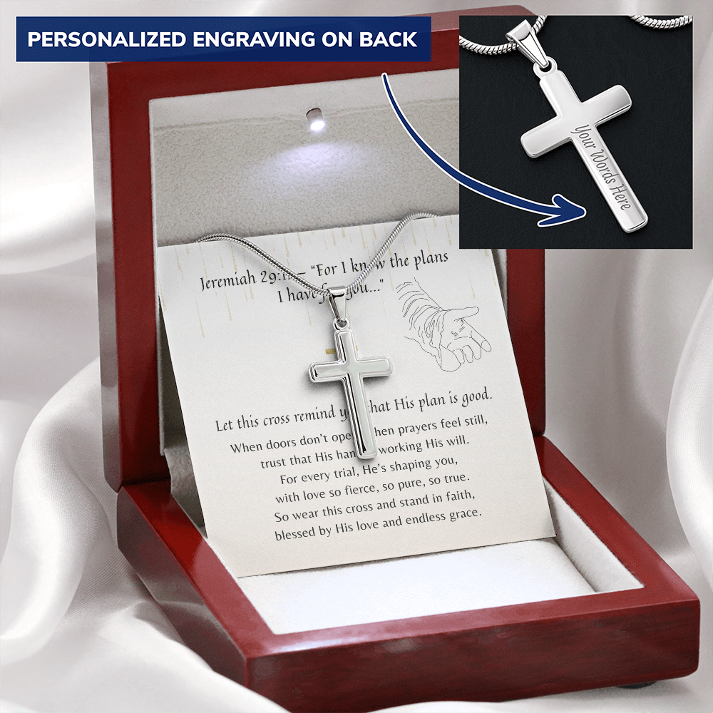 Personalized Christian Cross Necklace for Her – Faith-Inspired Gift with custom engraved back shown in elegant wooden gift box