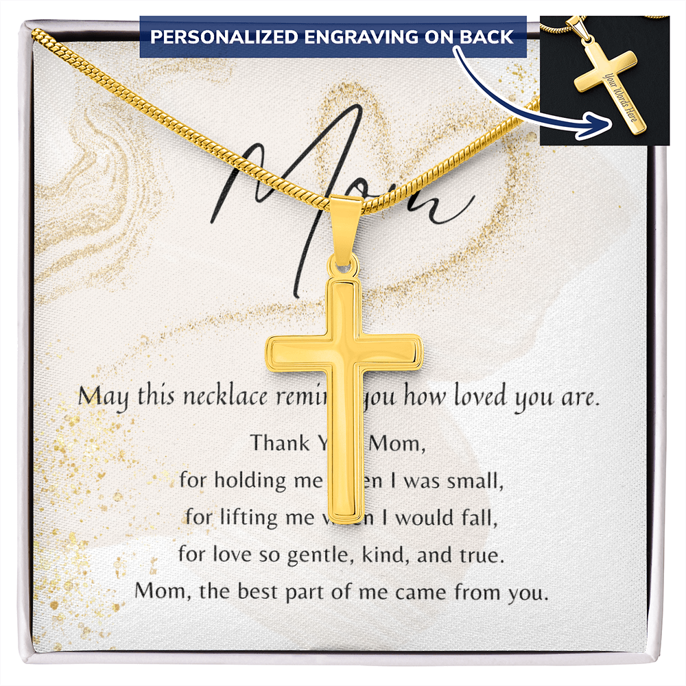 Personalized Cross Necklace for Mom – Stainless Steel or 18k Gold Finish with Engraving | Gift box with gold cross necklace and custom back engraving