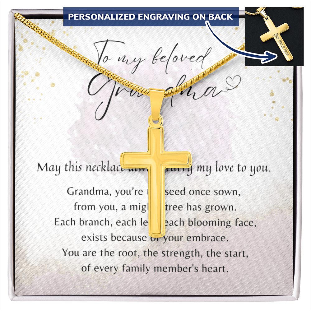 Personalized Cross Necklace for Grandma – A Meaningful Christian Gift for Grandma | Gold plated cross with custom engraving on back in gift box