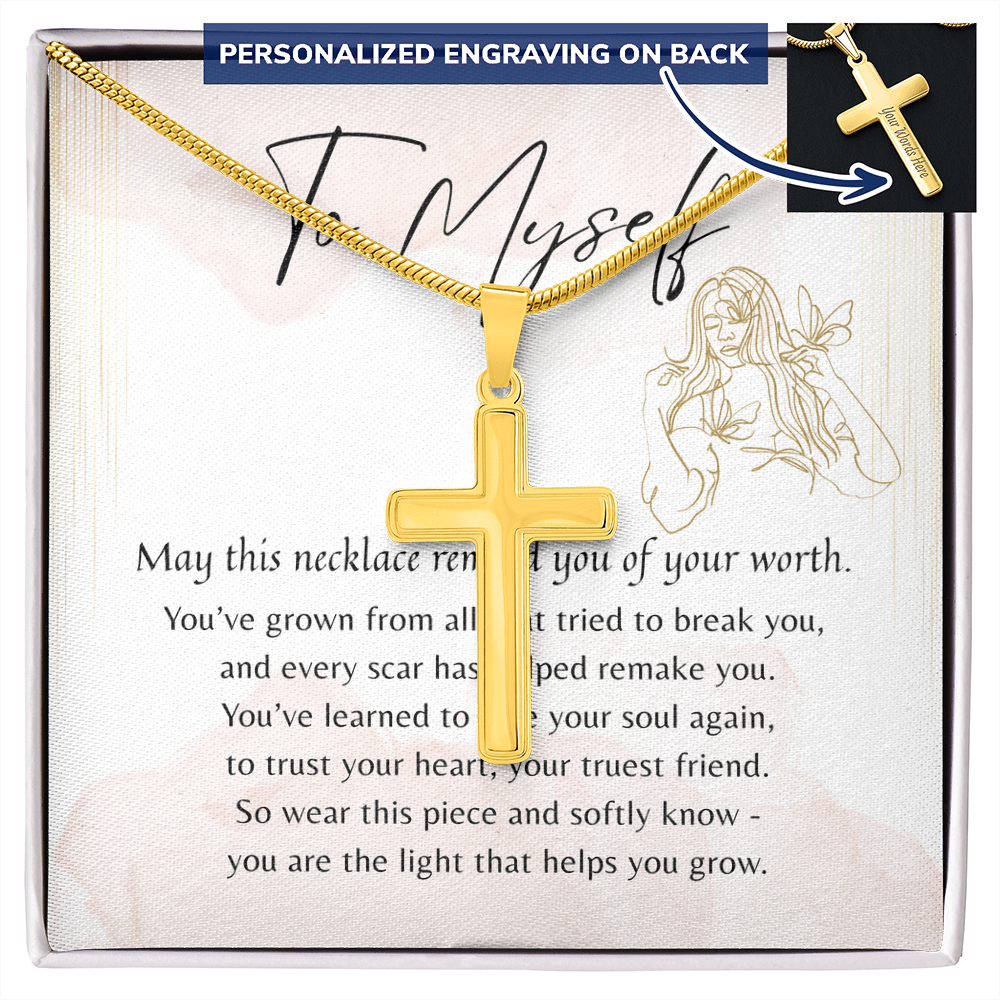 Personalized Cross Necklace for Myself – A Meaningful Gift for Yourself | Stainless Steel or 18k Yellow Gold Plated displayed in gift box with engraving option