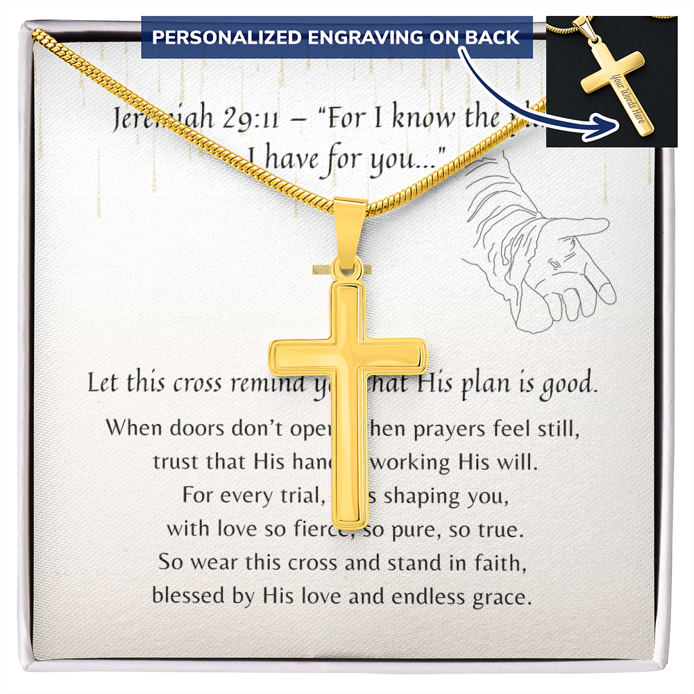 Personalized Christian Cross Necklace for Her – Faith-Inspired Gift with gold cross pendant and encouraging scripture message card in gift box