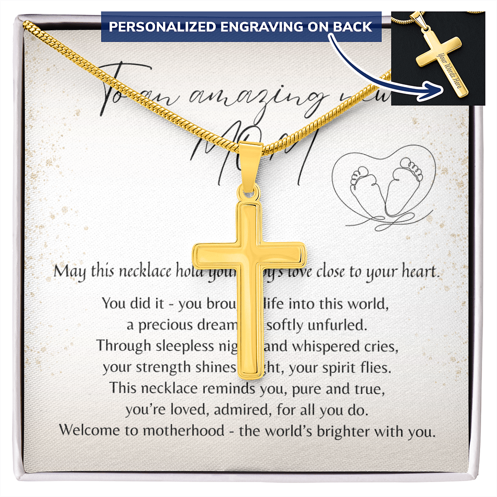 Personalized Cross Necklace for New Mom – A Meaningful Gift for a New Mom | Gold plated cross pendant with custom engraving option in gift box