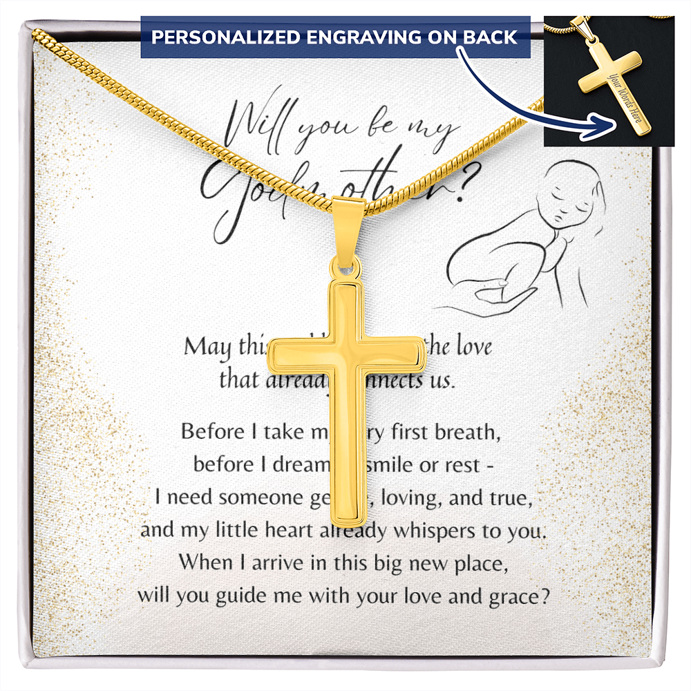 Personalized Cross Necklace for Godmother – A Meaningful Christian Godmother Proposal Gift | Stainless Steel or 18K Yellow Gold Plated displayed with poetic card