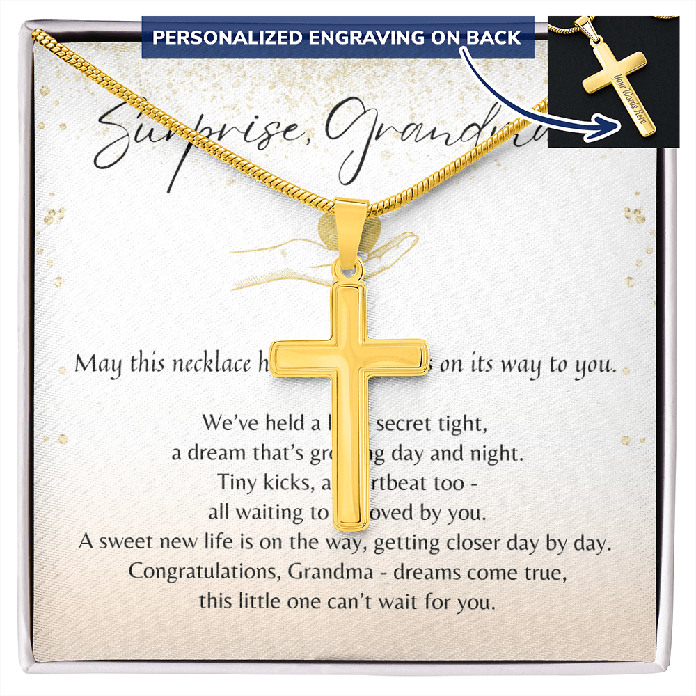 Personalized Cross Necklace for Grandma-to-Be – A Meaningful Christian Pregnancy Announcement Gift for Grandma-to-Be | Gold plated with custom engraving on back