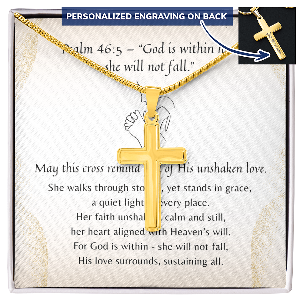 Personalized Cross Necklace for Her – Psalm 46:5 A Meaningful Christian Gift for Women | Gold finish on chain with scripture card