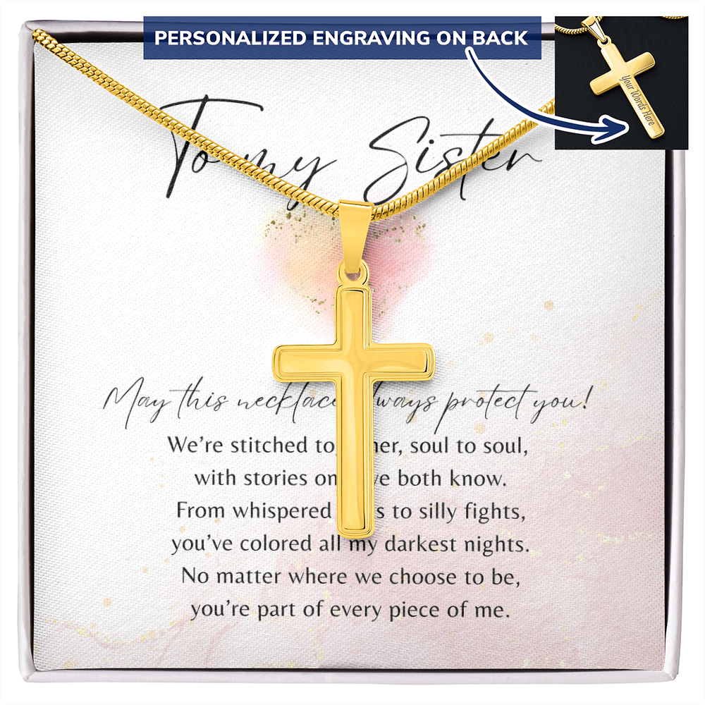 Personalized Cross Necklace for Sister – A Meaningful Gift of Sisterhood | Gold cross pendant with engraving on back in gift box