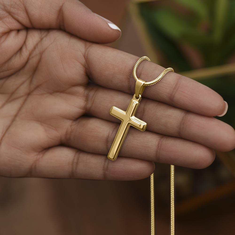 Personalized Cross Necklace for Godmother – A Meaningful Christian Godmother Proposal Gift | Stainless Steel or 18K Yellow Gold Plated shown worn on hand