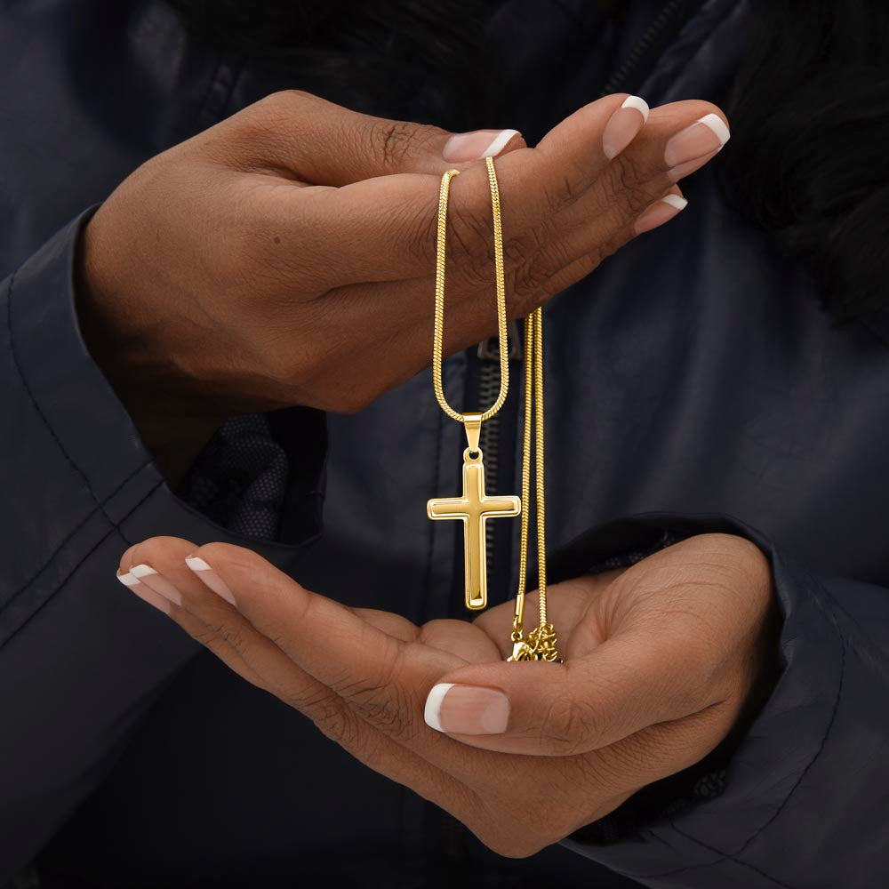 Personalized Cross Necklace for Her – Psalm 46:5 A Meaningful Christian Gift for Women | Gold finish held in hands with polished chain