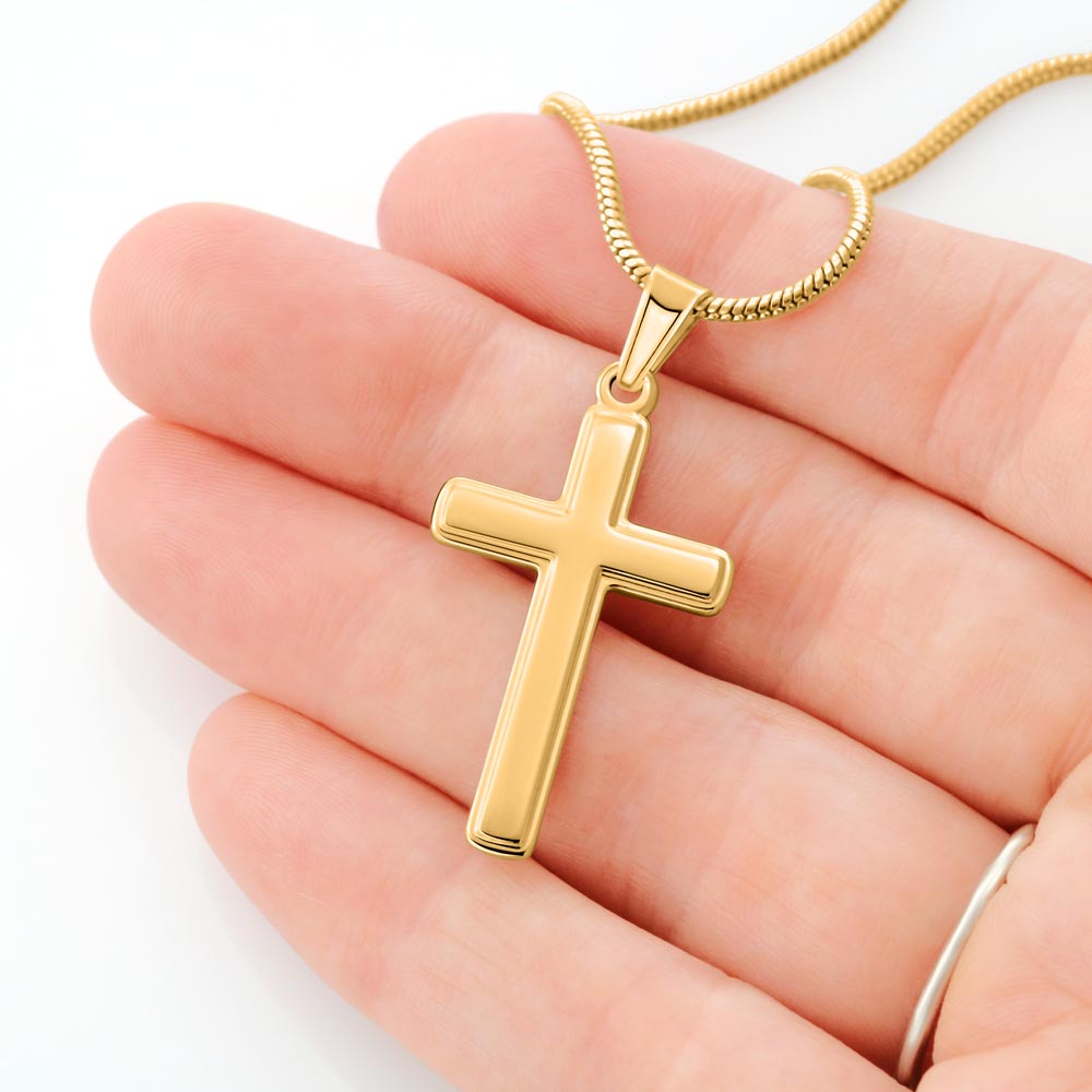 Personalized Cross Necklace for Daughter – A Meaningful Gift from Parent | 18k Gold Finish with Engraving shown on hand