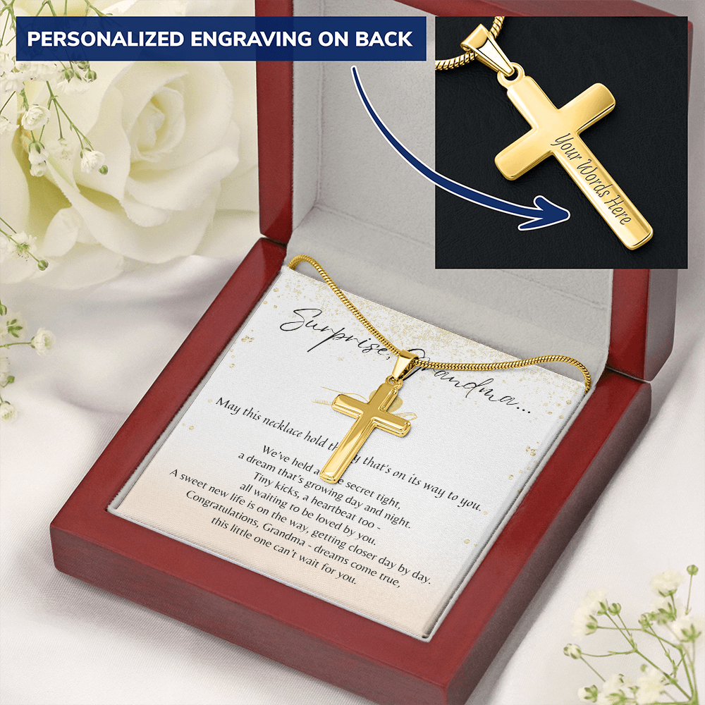 Personalized Cross Necklace for Grandma-to-Be – A Meaningful Christian Pregnancy Announcement Gift for Grandma-to-Be | gold plated with gift box and poem card