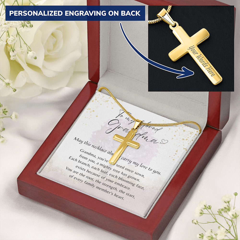 Personalized Cross Necklace for Grandma – A Meaningful Christian Gift for Grandma | Gold plated cross with custom back engraving in wooden gift box