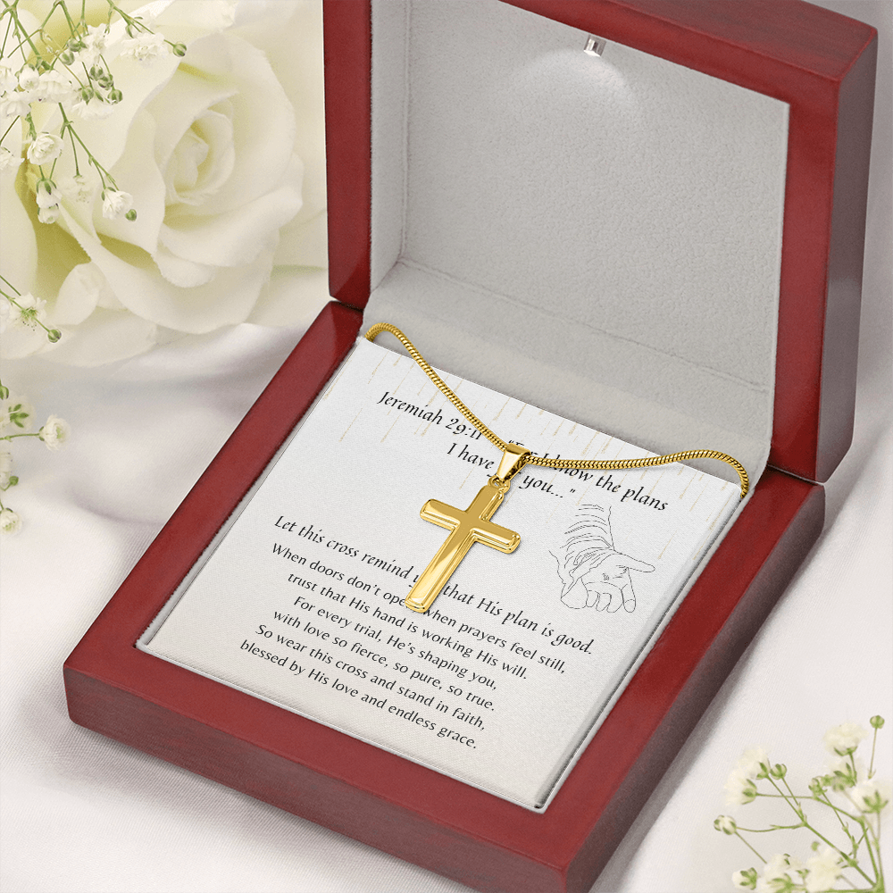 Personalized Christian Cross Necklace for Her – Faith-Inspired Gift with gold cross pendant displayed in elegant wooden box with scripture card