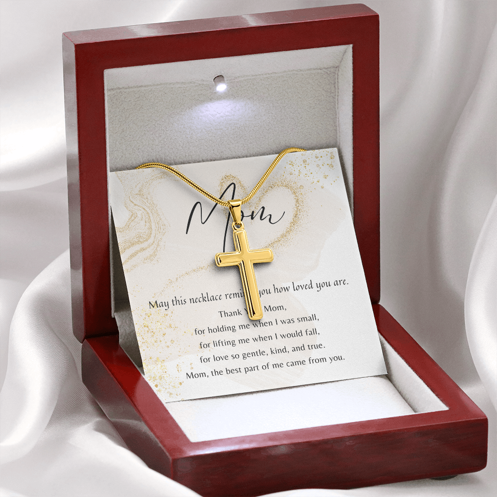 Personalized Cross Necklace for Mom – Stainless Steel or 18k Gold Finish with Engraving | A Meaningful Gift of Love displayed in a wooden box