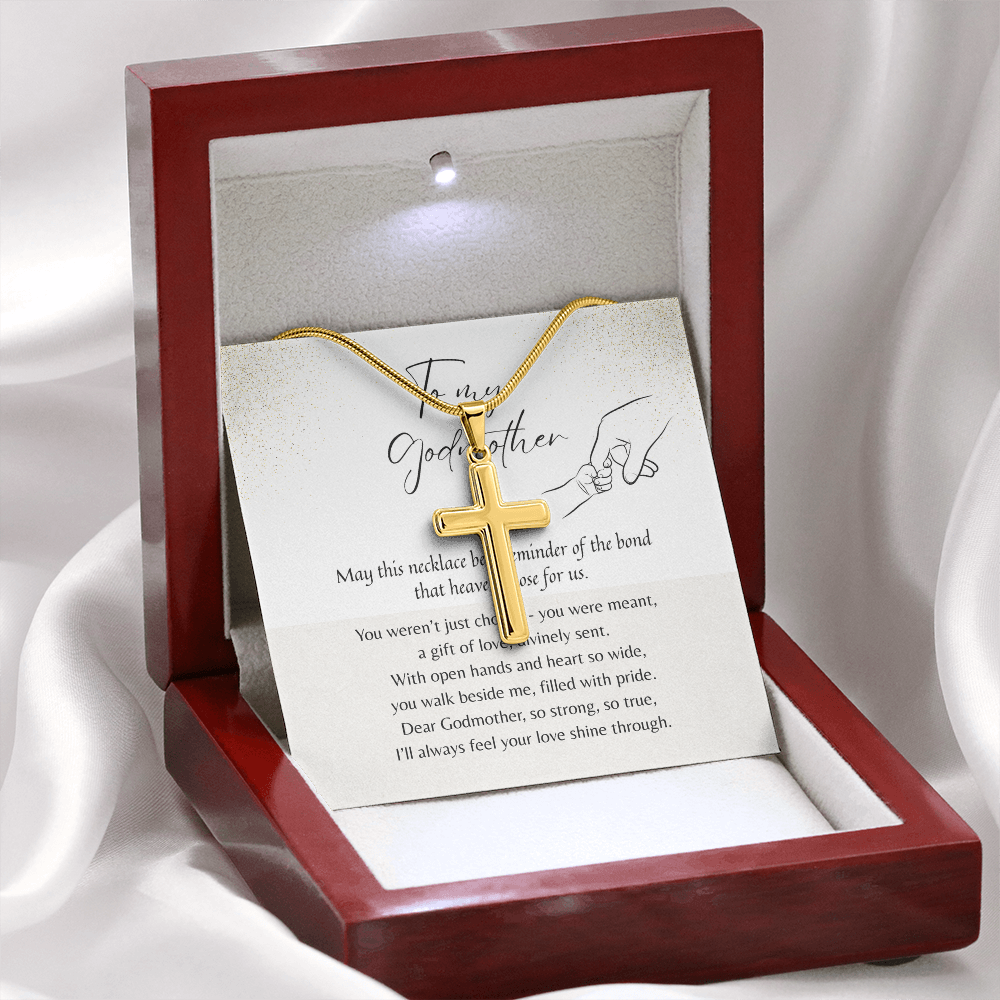 Personalized Cross Necklace for Godmother – A Meaningful Thank You Gift for Godmother | gold-plated cross pendant in wooden gift box with poem card