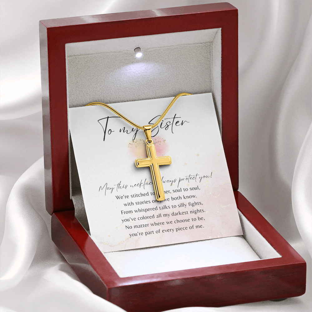 Personalized Cross Necklace for Sister – A Meaningful Gift of Sisterhood | Stainless Steel or 18k Gold Finish with Engraving displayed in elegant wooden box