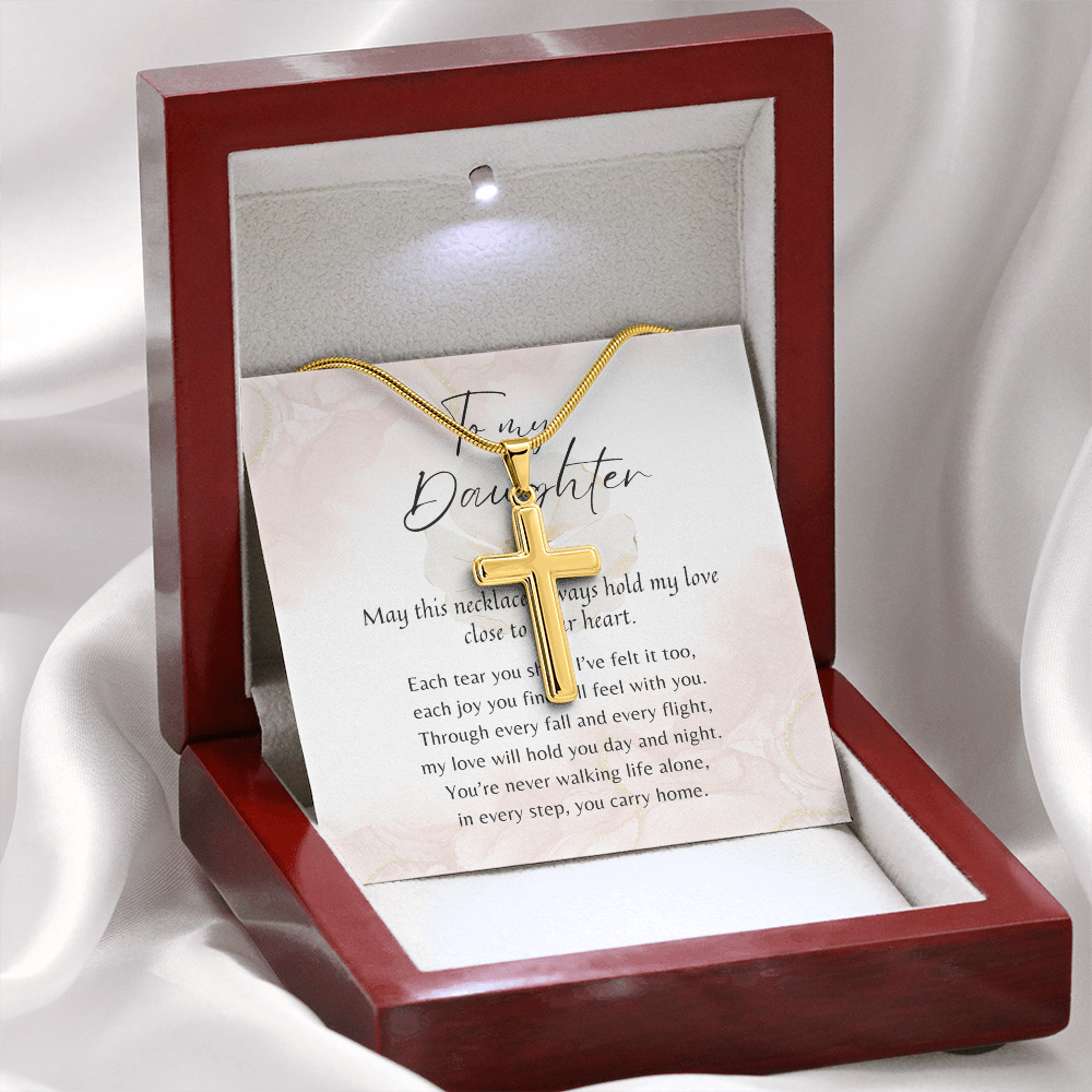 Personalized Cross Necklace for Daughter – A Meaningful Gift from Parent | Stainless Steel or 18k Gold Finish with Engraving in wooden box
