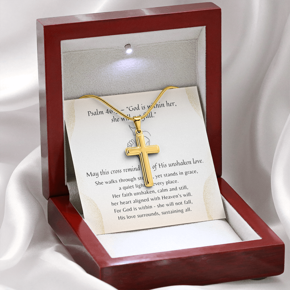 Personalized Cross Necklace for Her – Psalm 46:5 A Meaningful Christian Gift for Women | Gold finish in wooden gift box with scripture card