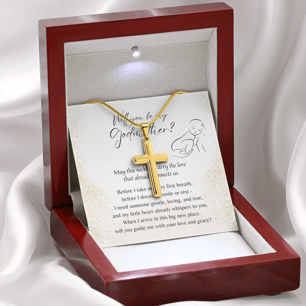 Personalized Cross Necklace for Godmother – A Meaningful Christian Godmother Proposal Gift | Stainless Steel or 18K Yellow Gold Plated displayed in gift box with card
